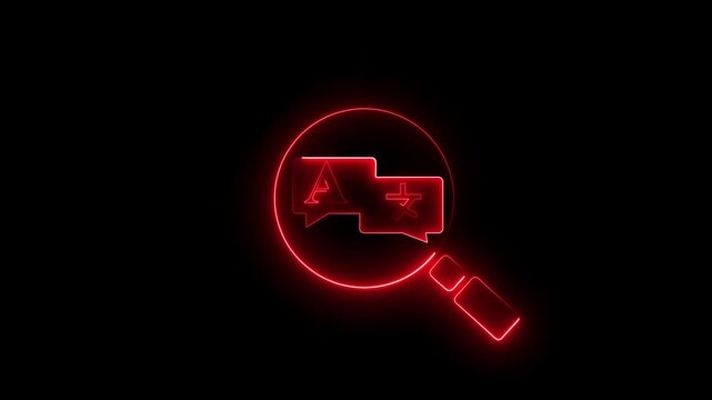 A glowing neon magnifying glass with speech bubbles showing &ldquo;A&rdquo; and a Chinese character, symbolizing translation and multilingual communication.