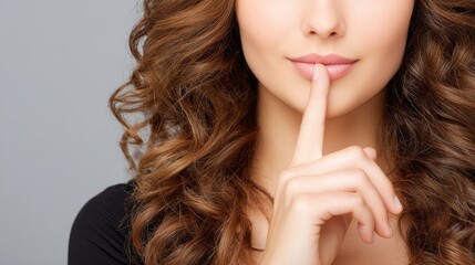 Fototapeta premium Beautiful woman with long brown hair wearing stylish black shirt captivating gaze.