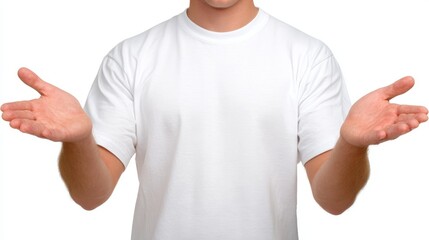 Professional man in crisp white shirt extends hands in welcoming gesture offering assistance or presentation.