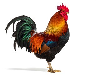 A vibrant rooster stands in profile, displaying colorful plumage against white backdrop