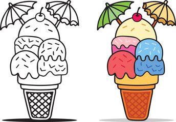 Ice cream umbrella vector hand-drawn outline drawing, A Cold ice-cream sweet dessert, various flavors: strawberry, chocolate, vanilla, for Coloring Page.