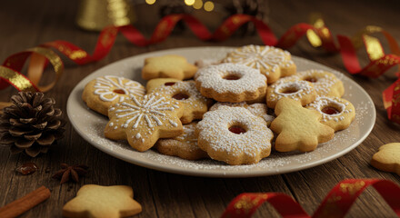 Festive Holiday Butter Cookies Dusted With Powdered Sugar.