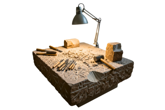 Stone workbench with traditional carving hand tools isolated on transparent background