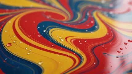 A mesmerizing swirl of vibrant colors, including red, yellow, and blue, creates an abstract and artistic pattern with water droplets on the surface.