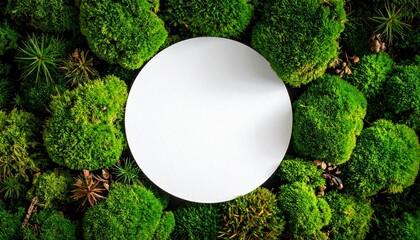 Soft moss texture, detailed overhead view featuring a prominent circular empty space for creative design and a natural theme backdrop.