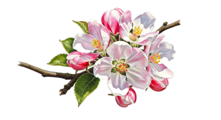 Pink Apple Blossoms On Twigs With Green Leaves Soft Light