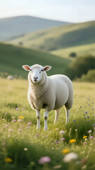White Sheep Standing in a Meadow with Wildflowers