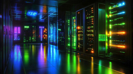 Server racks glowing with stained glass colors evoke sacred technology, symbolizing digital reverence, hidden intelligence, structured power, and the fusion of data, light, and modern spirituality.