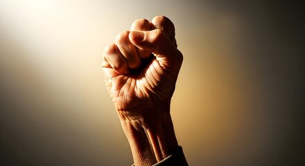 Closeup of an elderly persons fist raised in a gesture of strength and determination