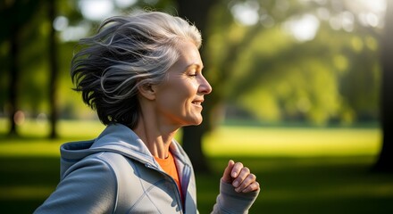 Senior woman with gray hair jogging in a park during a sunny day, enjoying her outdoor activity
