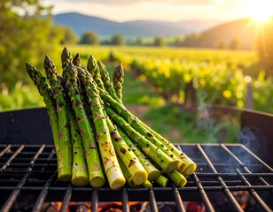 Fresh asparagus on a grill with a sunlit field backdrop