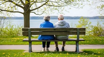 Elderly couple sitting on a park bench overlooking a lake in spring