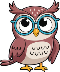 A cute cartoon owl with big eyes and glasses makes a funny and happy vector illustration for a fun design project