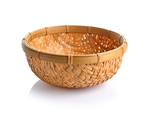 A woven, circular basket made of light brown bamboo or similar material