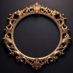 Ornate Circular Golden Frame: Classic Antique Gold Picture Border with Intricate Floral Carvings, Elegant Luxury Element on a Neutral Gray Background.