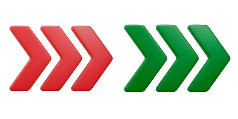 Two rows of red and green arrows pointing right isolated on transparent background