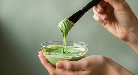 Hand holding a brush with green cosmetic mask dripping into a bowl