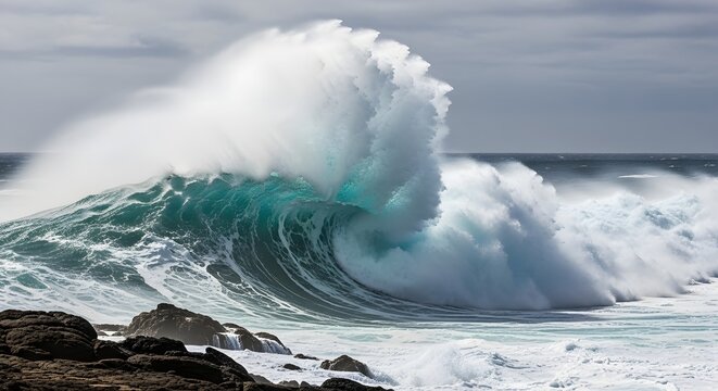 Massive ocean wave crashing against rocky shore with white foam and spray