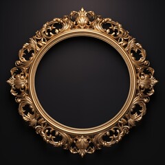 Ornate Circular Golden Frame: Classic Antique Gold Picture Border with Intricate Floral Carvings, Elegant Luxury Element on a Neutral Gray Background.