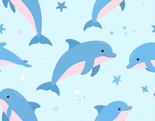 Animated dolphins swim amidst bubbles and starfish on a light blue background