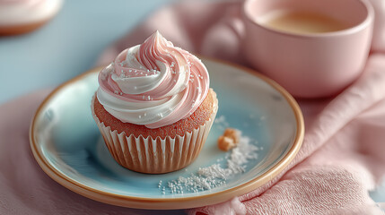 Flat lay single cupcake with soft cream frosting dessert sweet bakery food delicious treat celebration birthday party festive colorful sprinkles artificial intelligence generated image