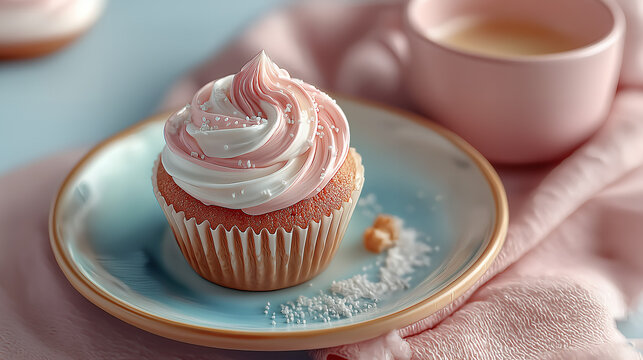 Flat lay single cupcake with soft cream frosting dessert sweet bakery food delicious treat celebration birthday party festive colorful sprinkles artificial intelligence generated image