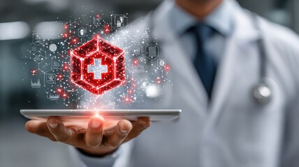 Photography of the doctor holding a device and drawing the holographic digital medical icon data floating above it. Features elements of DNA strands, health charts, medical icons, vector illustrations