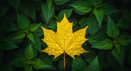 Closeup of a bright yellow maple leaf with water droplets after rain in a green forest