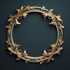 Ornate Circular Golden Frame: Classic Antique Gold Picture Border with Intricate Floral Carvings, Elegant Luxury Element on a Neutral Gray Background.