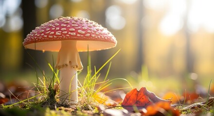 Amanita muscaria mushroom in a forest during autumn with sunlight