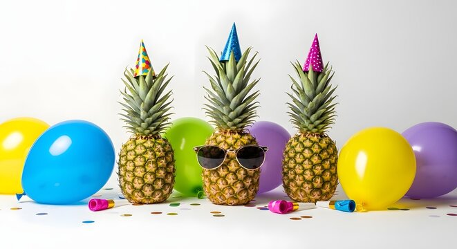 Three pineapples wearing party hats and sunglasses with balloons