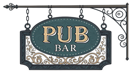 A vintage pub bar sign hanging from a metal rod with decorative scrollwork and chain links