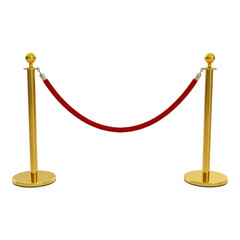Red velvet rope barrier with gold stanchions isolated on transparent background