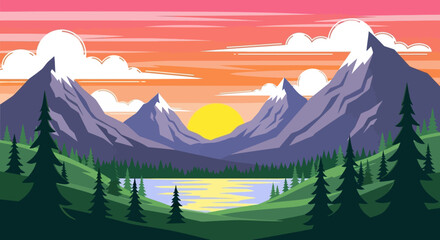 Serene Mountain Lake at Sunset with Snow-Capped Peaks and Evergreen Trees