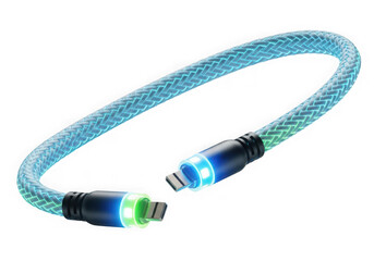 Glowing blue usb charging cable with led lights isolated on transparent background