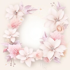 Fototapeta premium Soft Pink Floral Frame: Delicate Roses and Dahlias Arranged Around a Blank Square Card for Wedding Invitations or Greeting Cards