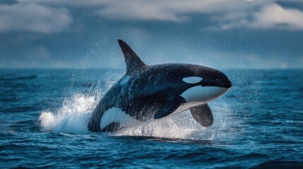 Orca Whale Breaching Ocean Surface Majestic Marine Mammal Display.