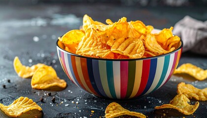 A vibrant striped bowl brimming with ridged potato chips sits on a dark wooden surface