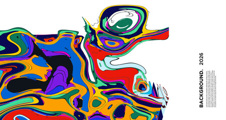Naklejka premium Vibrant abstract liquid marble background with pink, yellow, blue, purple, and orange swirls, creating a textured, colorful pattern ideal for posters or wallpapers. 