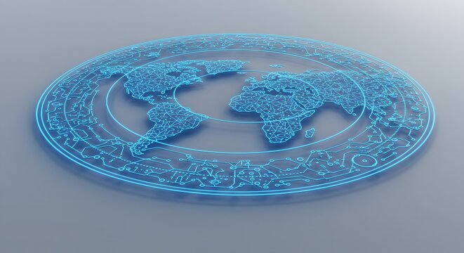 A glowing, intricate blue sphere of interconnected nodes and lines, representing a complex network or data structure, floating above a reflective surface.