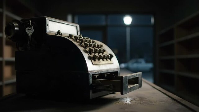 Vintage cash register sits alone in dark empty store symbolizing business failure and closure