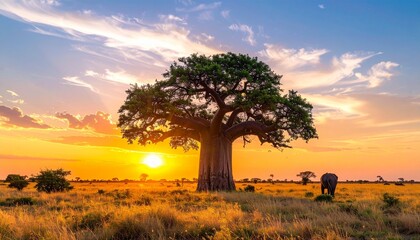 A majestic baobab tree stands tall in the African savanna at sunset
