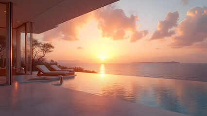 Luxury villa with infinity pool overlooking the ocean at sunset ambiance