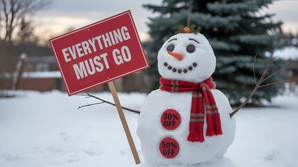 Snowman holding everything must go sign with discounts in a snowy outdoor winter holiday setting