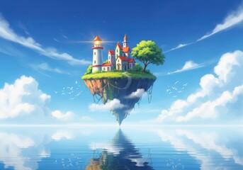A magical floating island a castle lighthouse rests peacefully above a calm sea under a bright blue sky fluffy clouds
