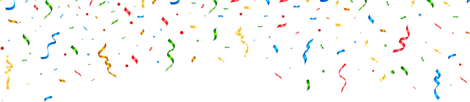 Party Confetti Birthday party confetti background, festive ribbons and streamer paper spiral stripes, cartoon vector. Colorful confetti Celebration confetti background Falling colorful confetti