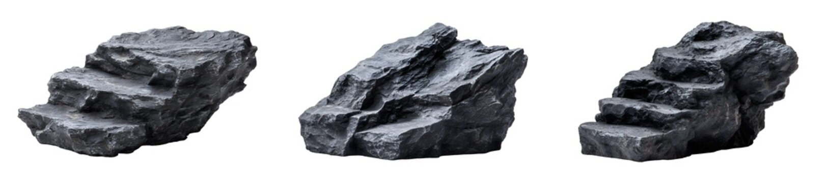 Set of dark rock steps and ledges, isolated on transparent background