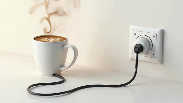 A steaming coffee cup connected to a power outlet with a cable, symbolizing &ldquo;morning energy boost,&rdquo; against a clean white background.
