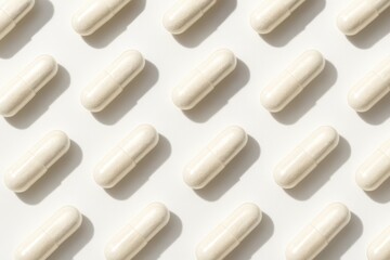 Capsules in Order: A close-up view of a series of meticulously aligned white capsules, arranged in a grid-like pattern against a clean backdrop, showcasing a sense of order and precision.