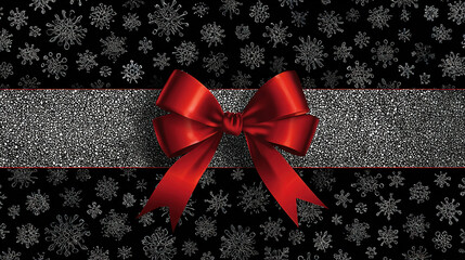Modern Christmas banner with abstract snowflake patterns in silver, a single red bow, and a black background.